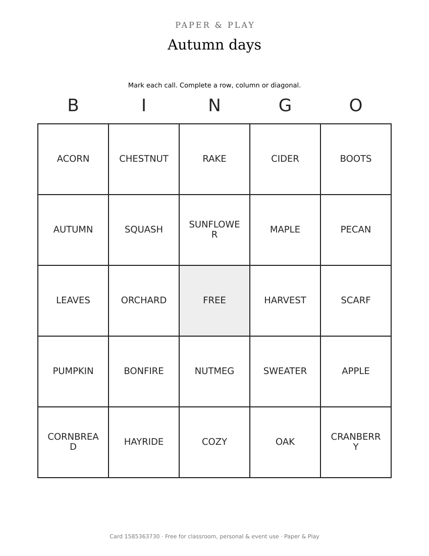 Autumn days bingo printable preview