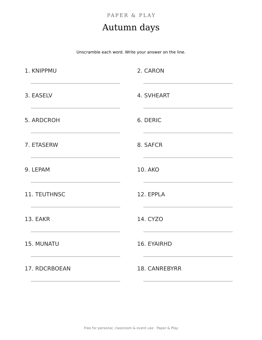 Autumn days word scramble printable preview