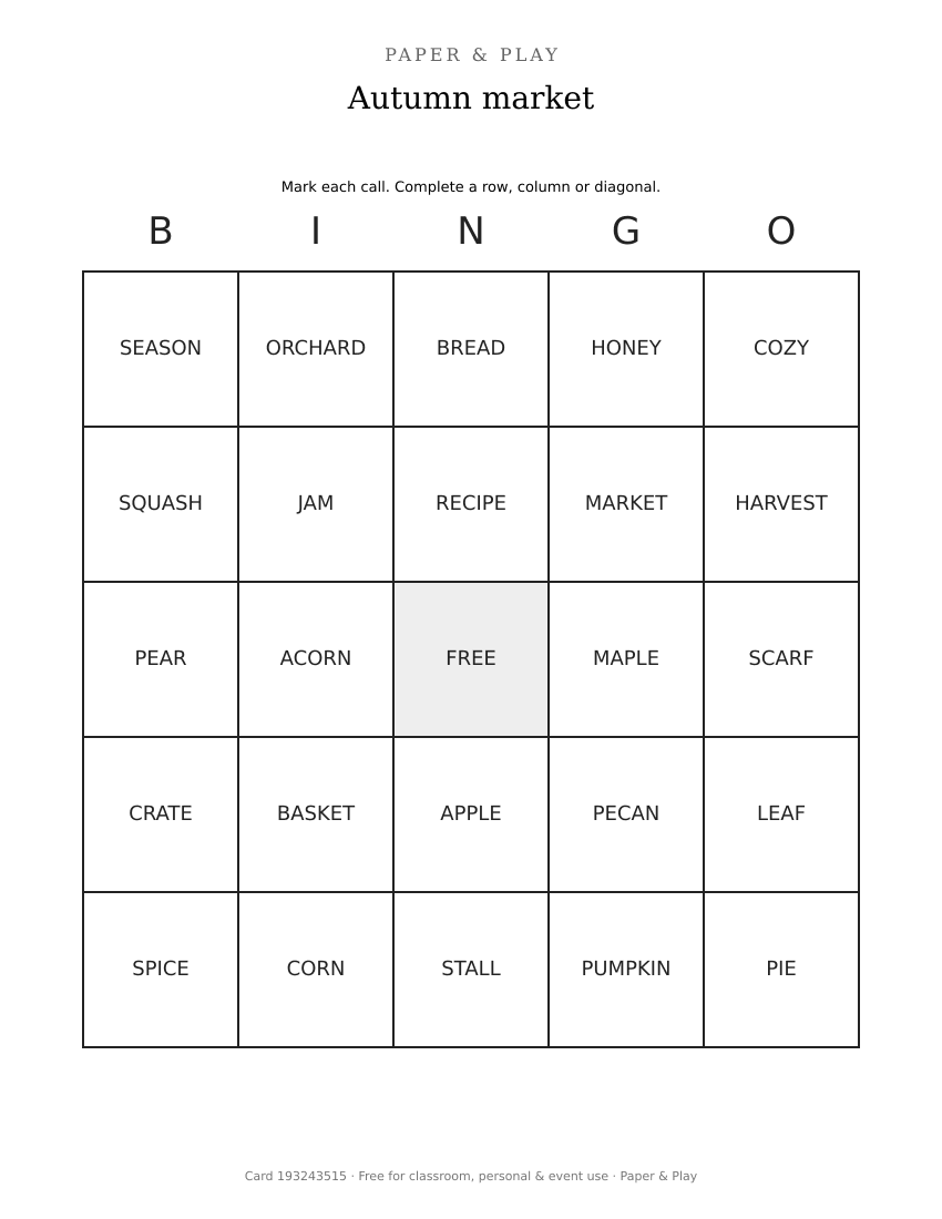 Autumn market bingo printable preview