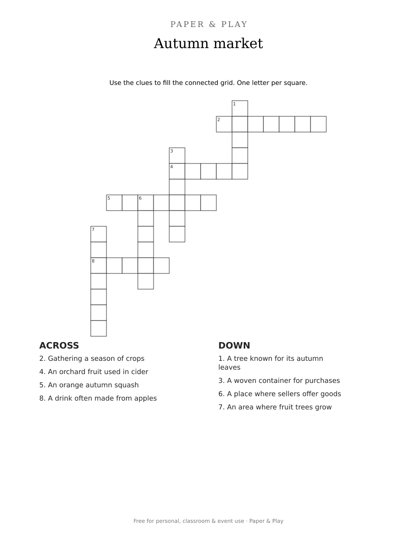 Autumn market crossword printable preview