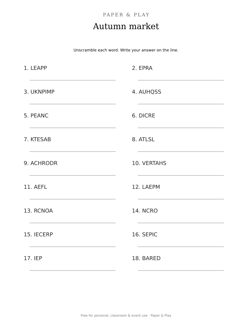 Autumn market word scramble printable preview