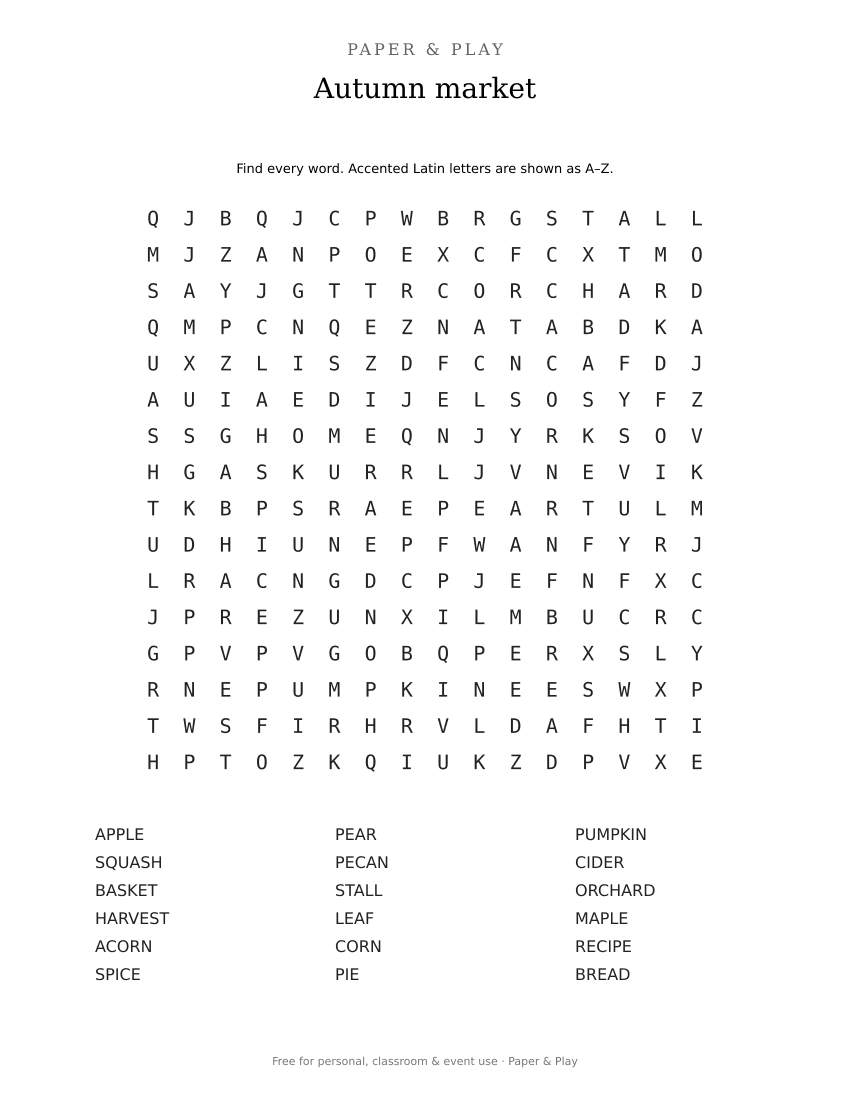 Autumn market word search printable preview