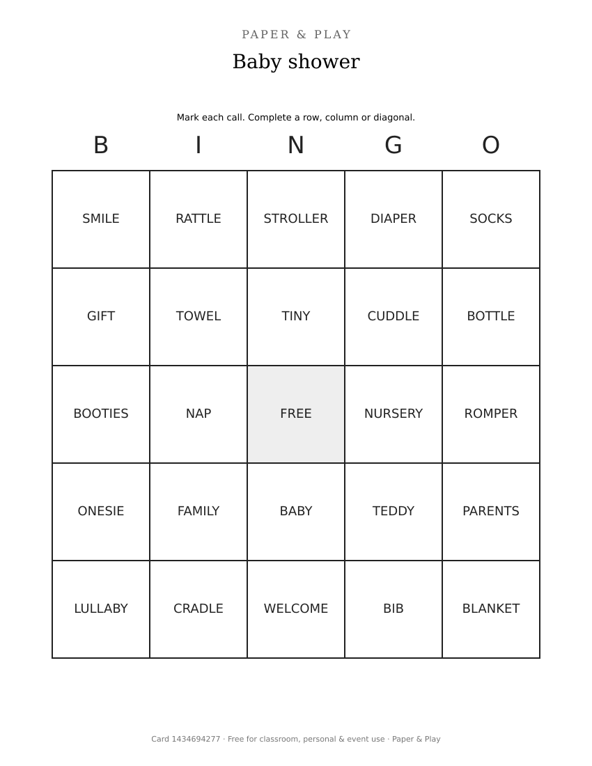 Baby shower bingo printable preview