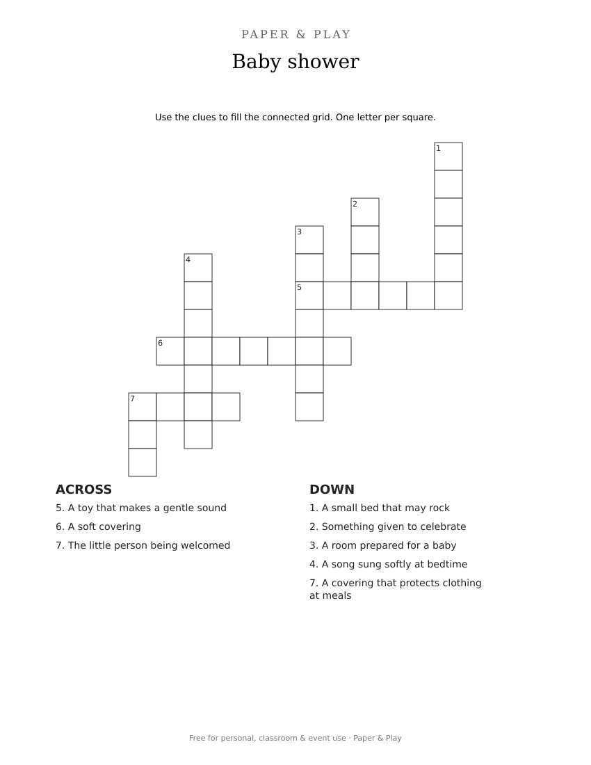 Baby shower crossword printable preview