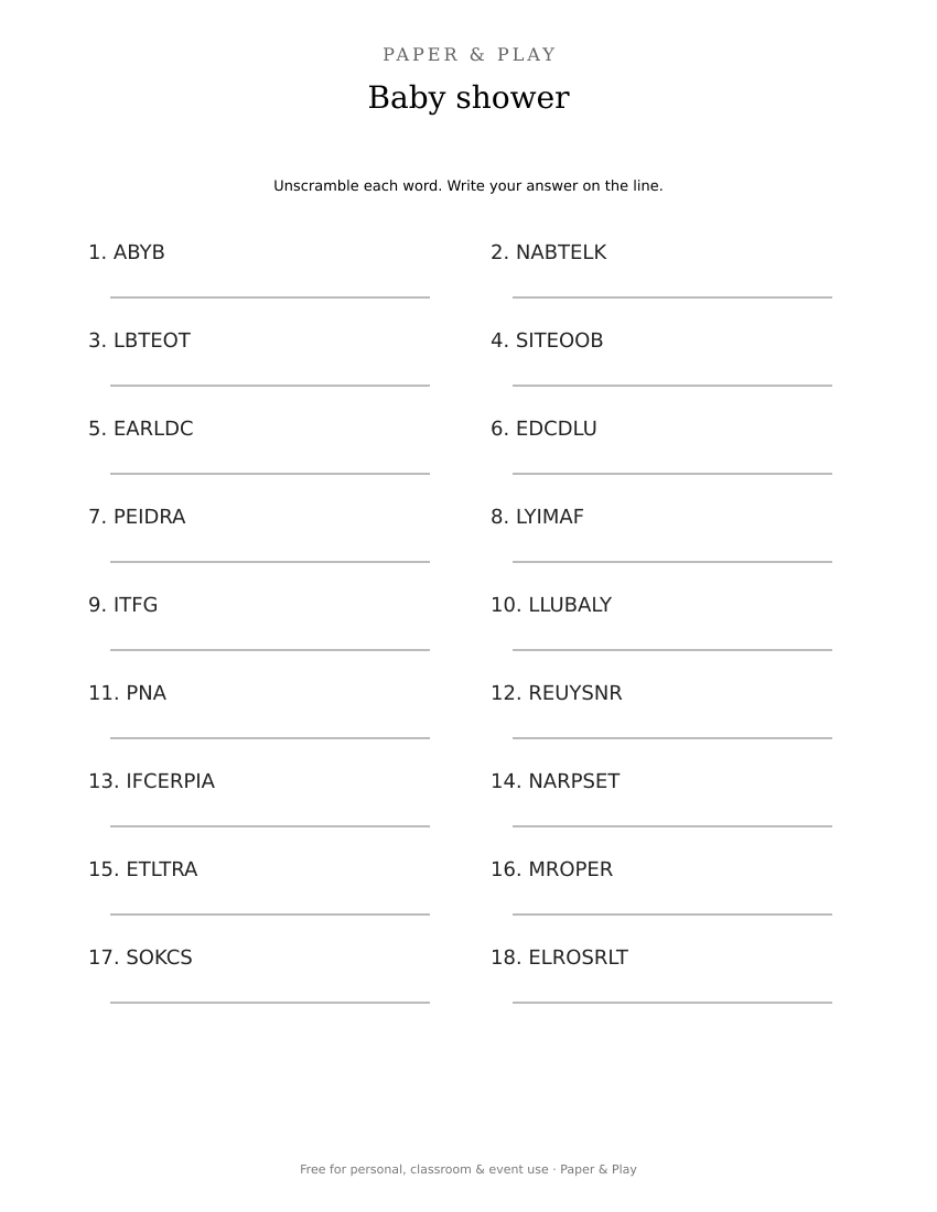 Baby shower word scramble printable preview