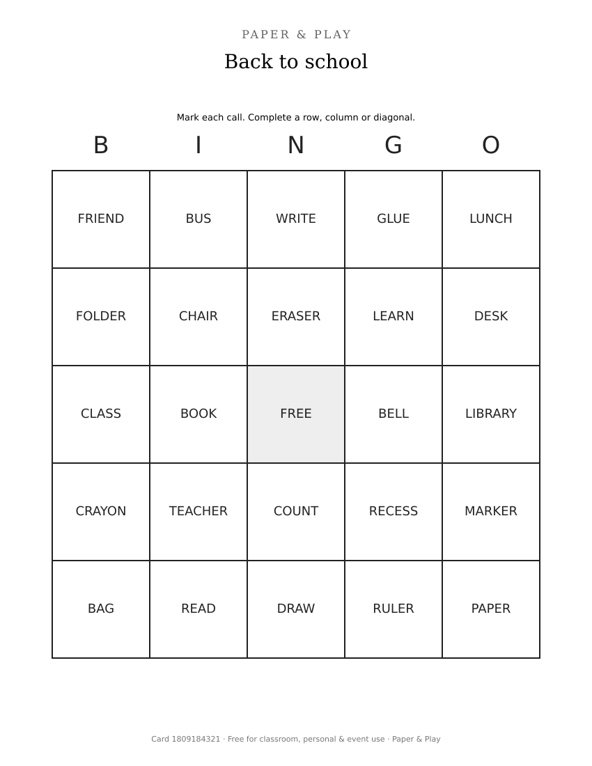 Back to school bingo printable preview