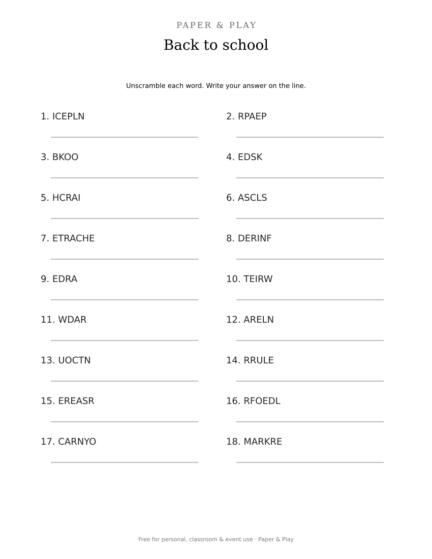 Back to school word scramble printable preview