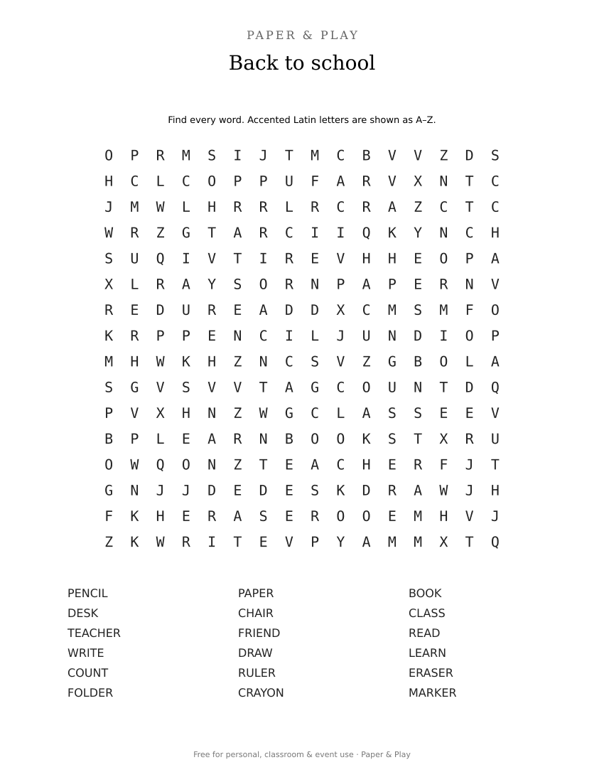 Back to school word search printable preview