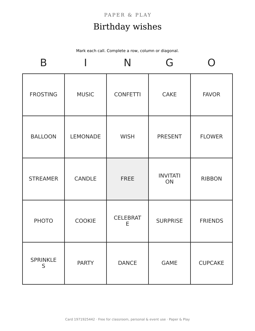 Birthday wishes bingo printable preview