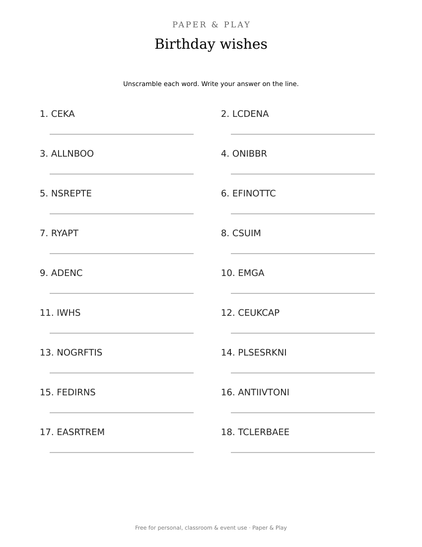 Birthday wishes word scramble printable preview
