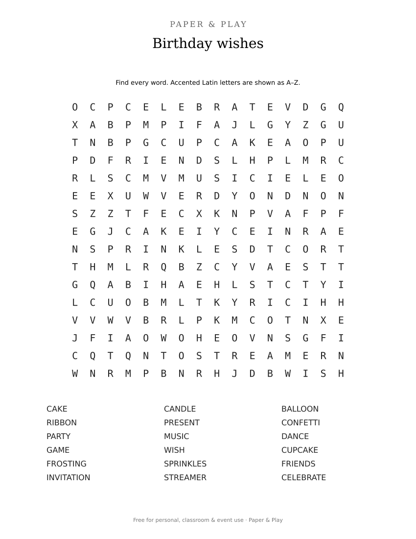 Birthday wishes word search printable preview