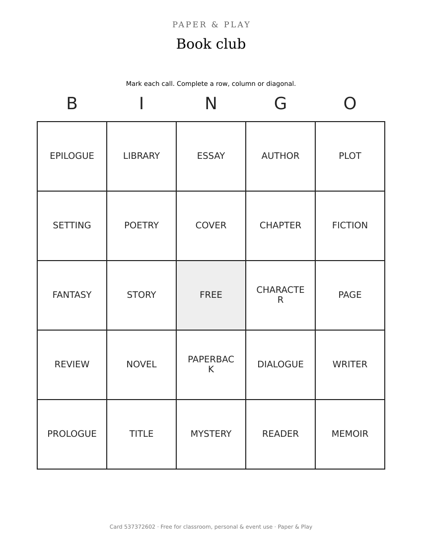 Book club bingo printable preview
