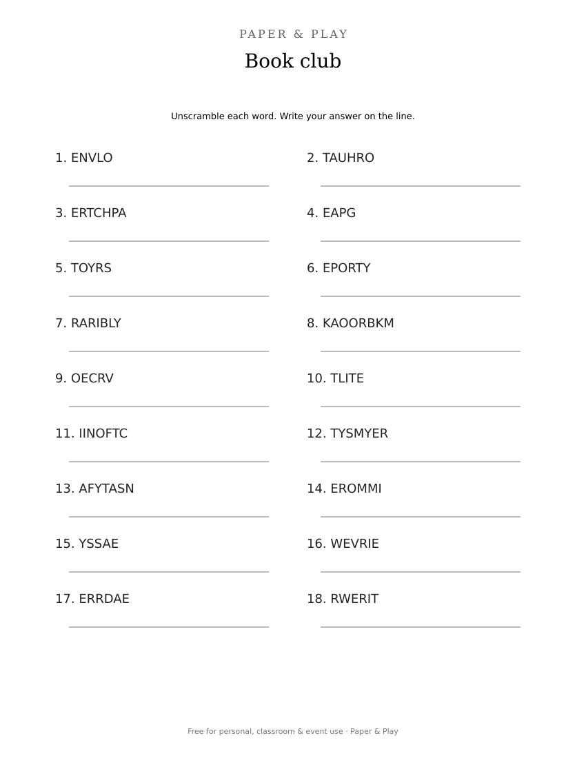 Book club word scramble printable preview