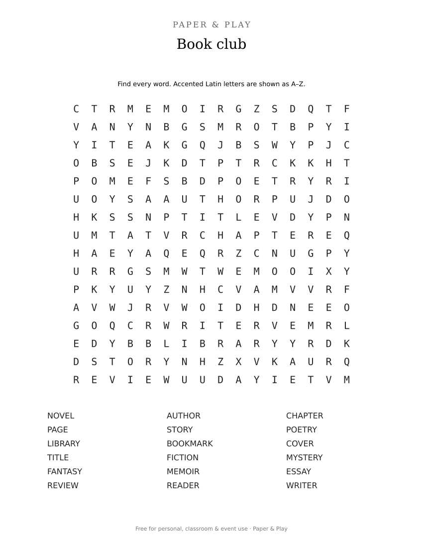 Book club word search printable preview