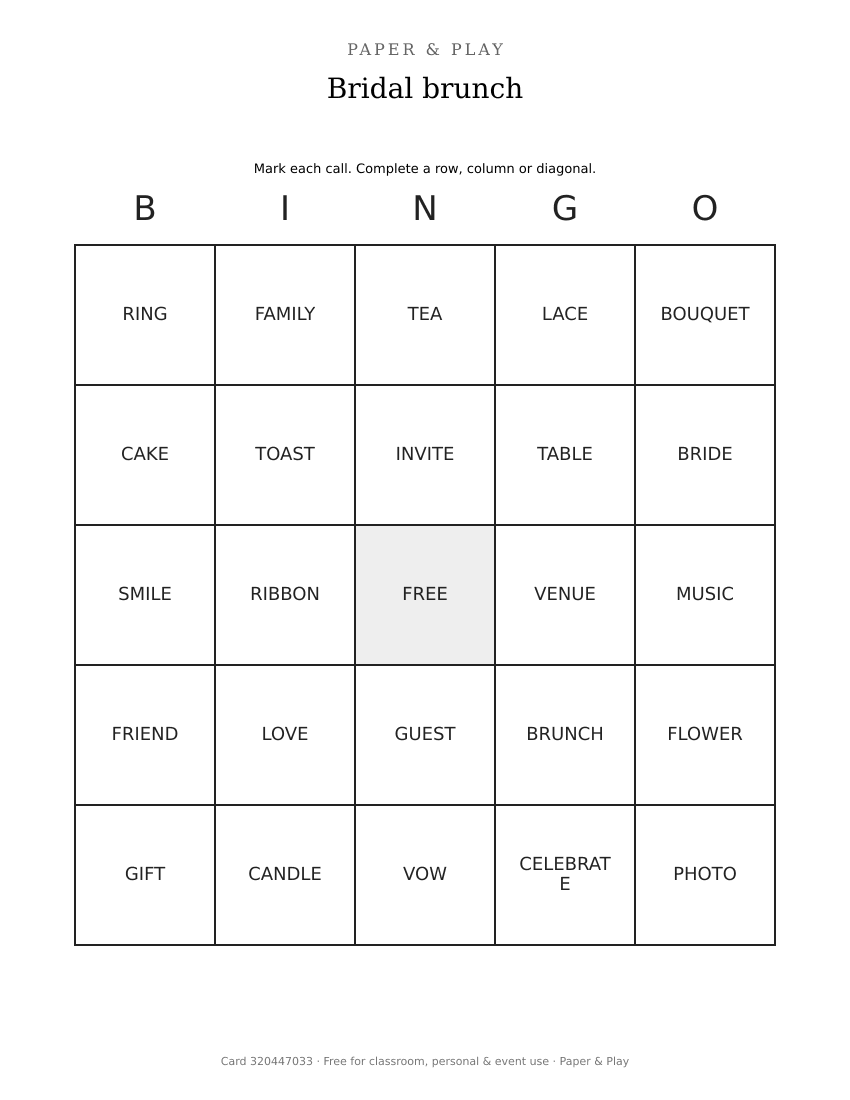 Bridal brunch bingo printable preview