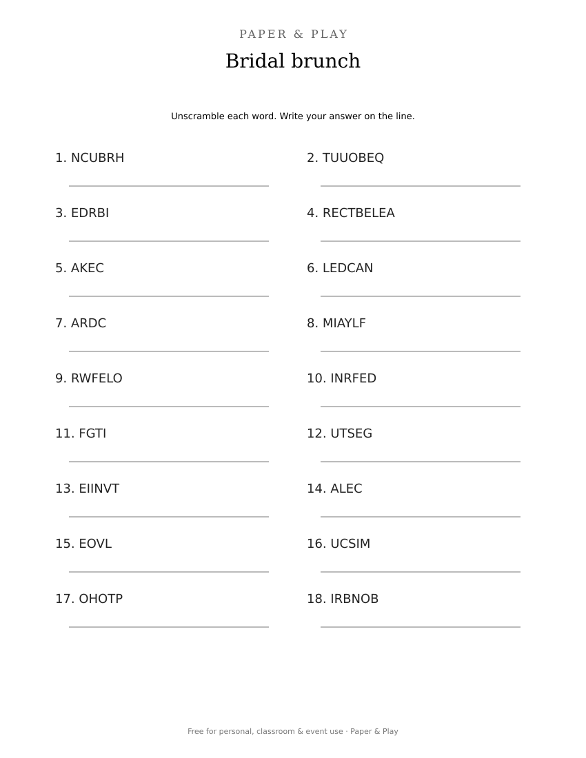 Bridal brunch word scramble printable preview