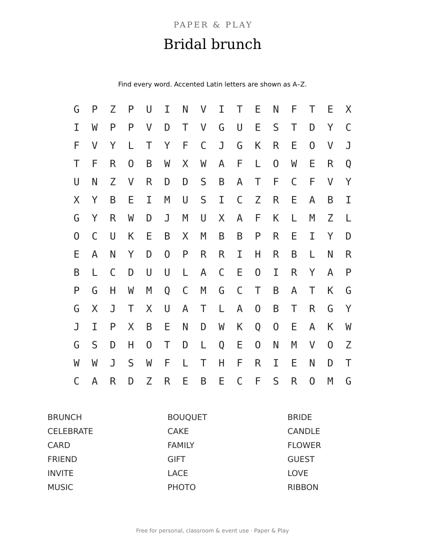 Bridal brunch word search printable preview