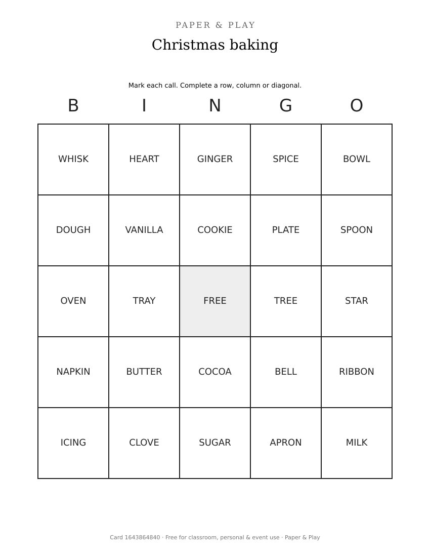 Christmas baking bingo printable preview
