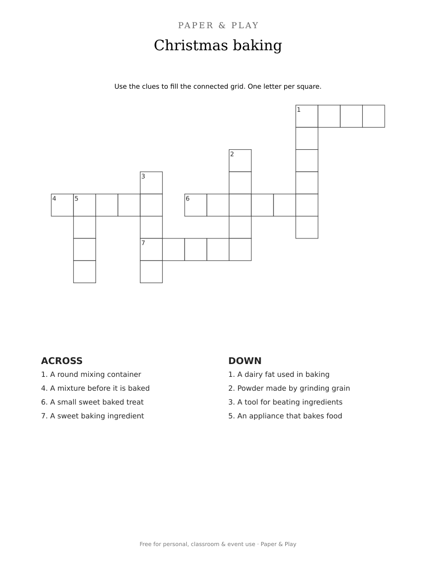 Christmas baking crossword printable preview