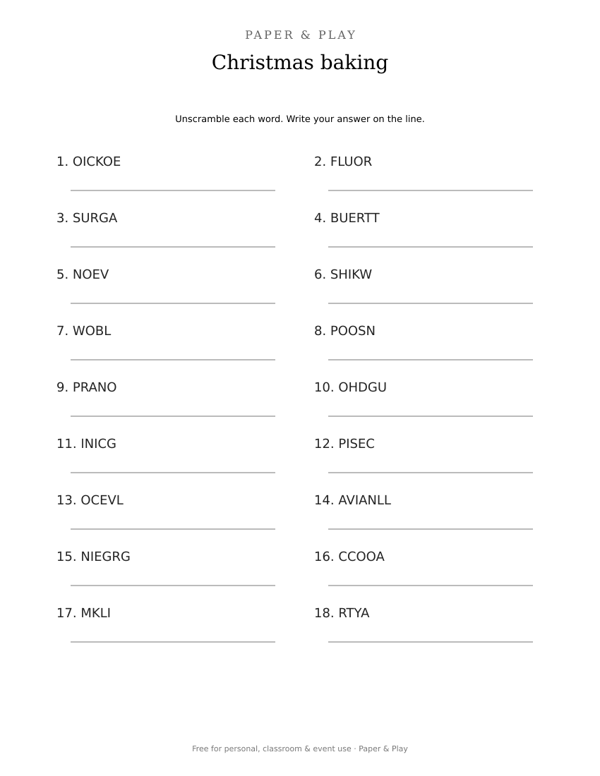 Christmas baking word scramble printable preview