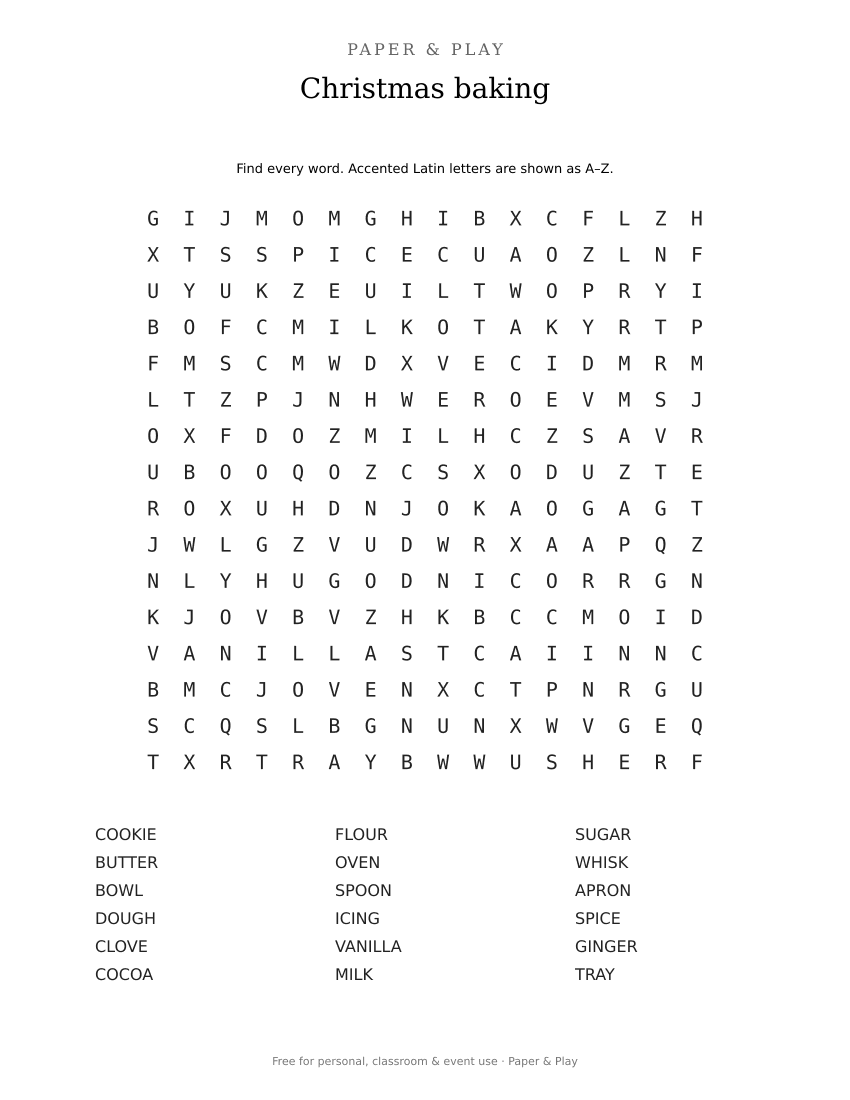Christmas baking word search printable preview