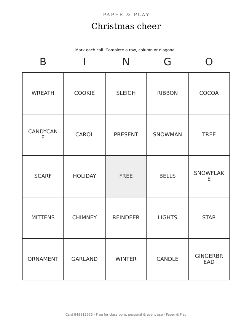Christmas cheer bingo printable preview