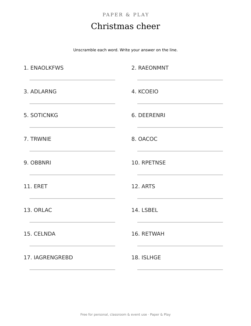 Christmas cheer word scramble printable preview