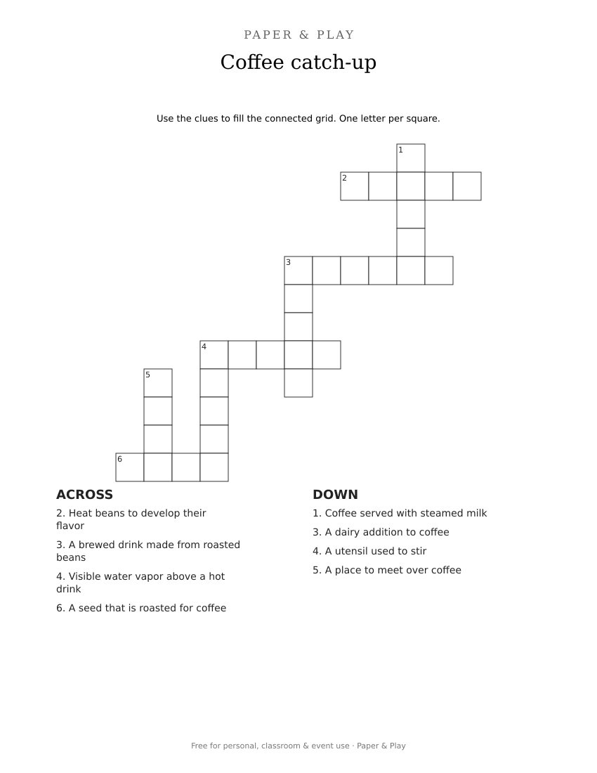 Coffee catch-up crossword printable preview