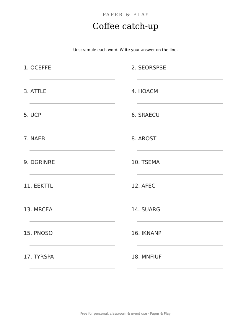 Coffee catch-up word scramble printable preview