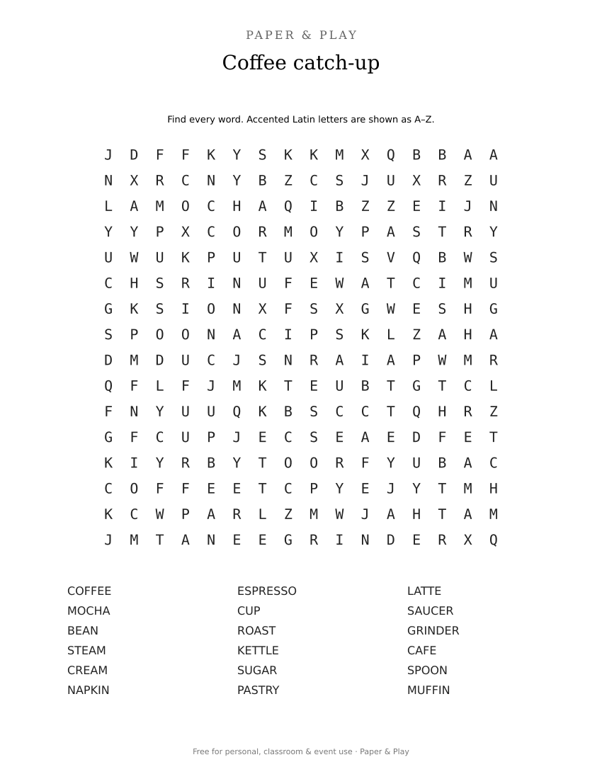Coffee catch-up word search printable preview