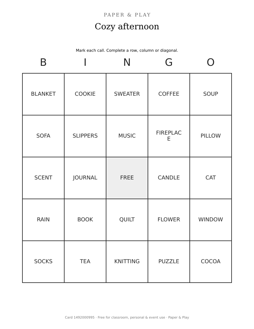 Cozy afternoon bingo printable preview