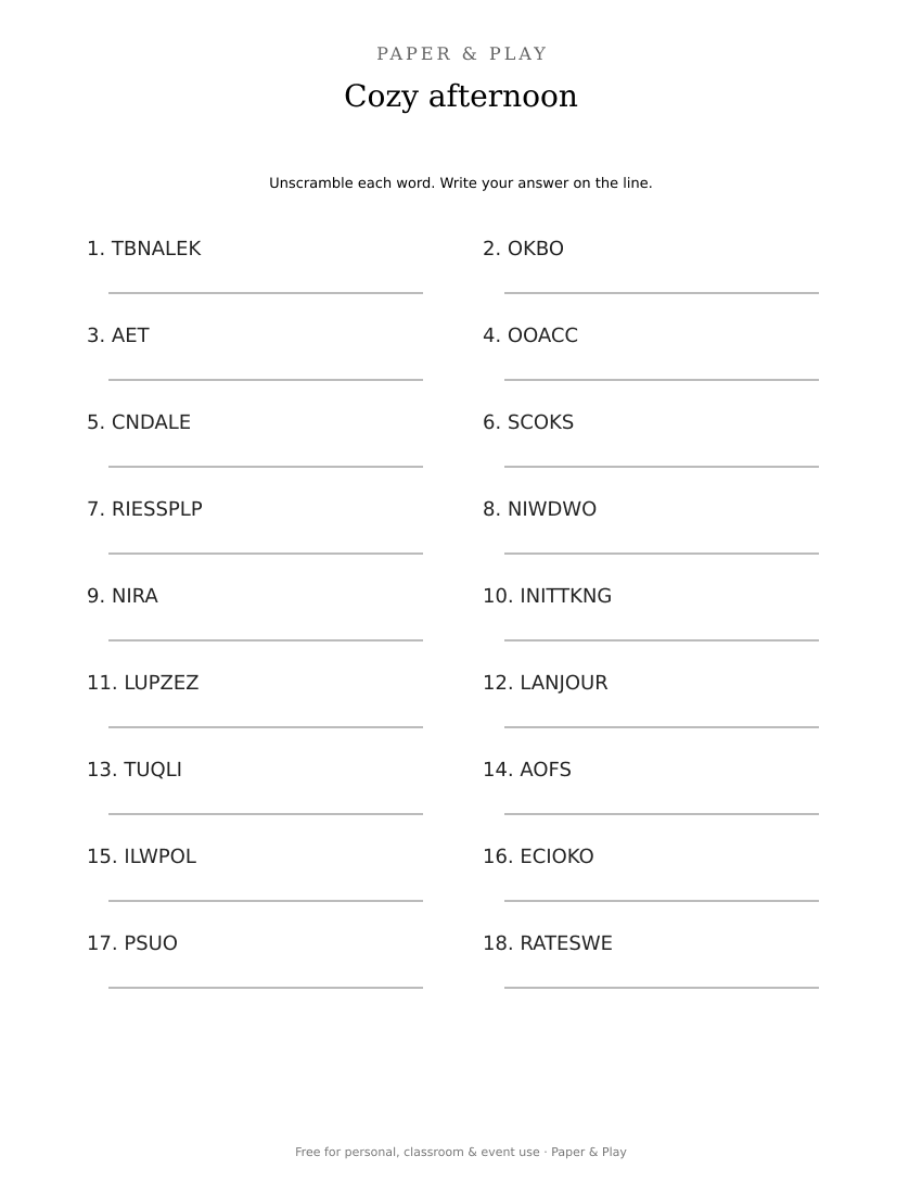 Cozy afternoon word scramble printable preview