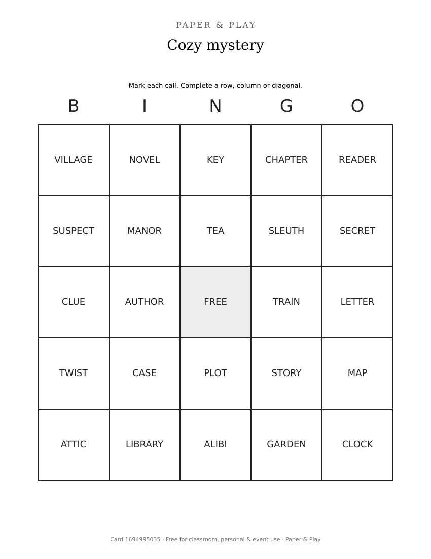Cozy mystery bingo printable preview