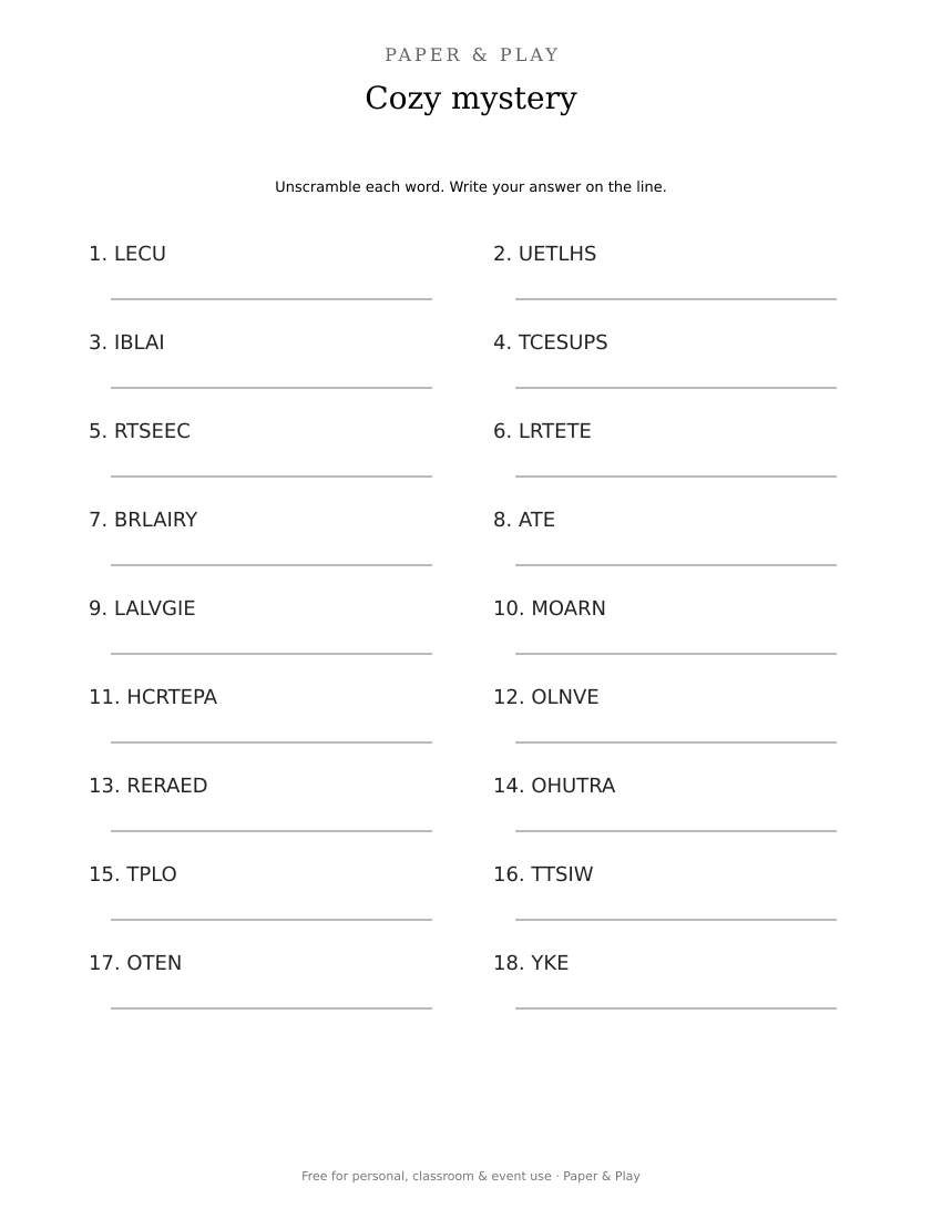 Cozy mystery word scramble printable preview