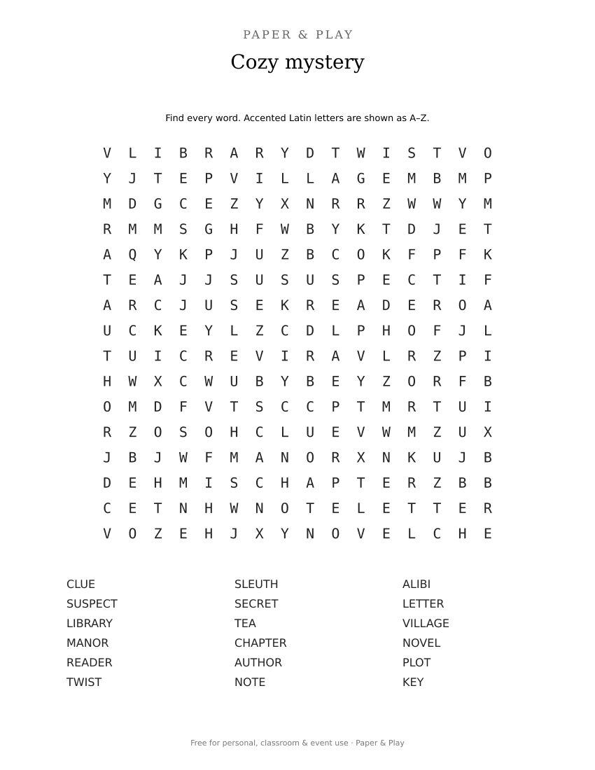 Cozy mystery word search printable preview