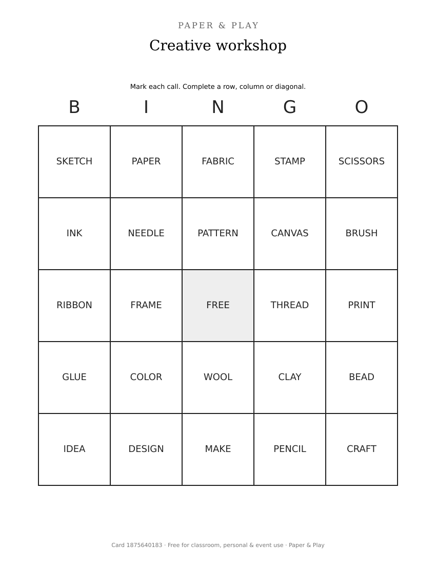 Creative workshop bingo printable preview