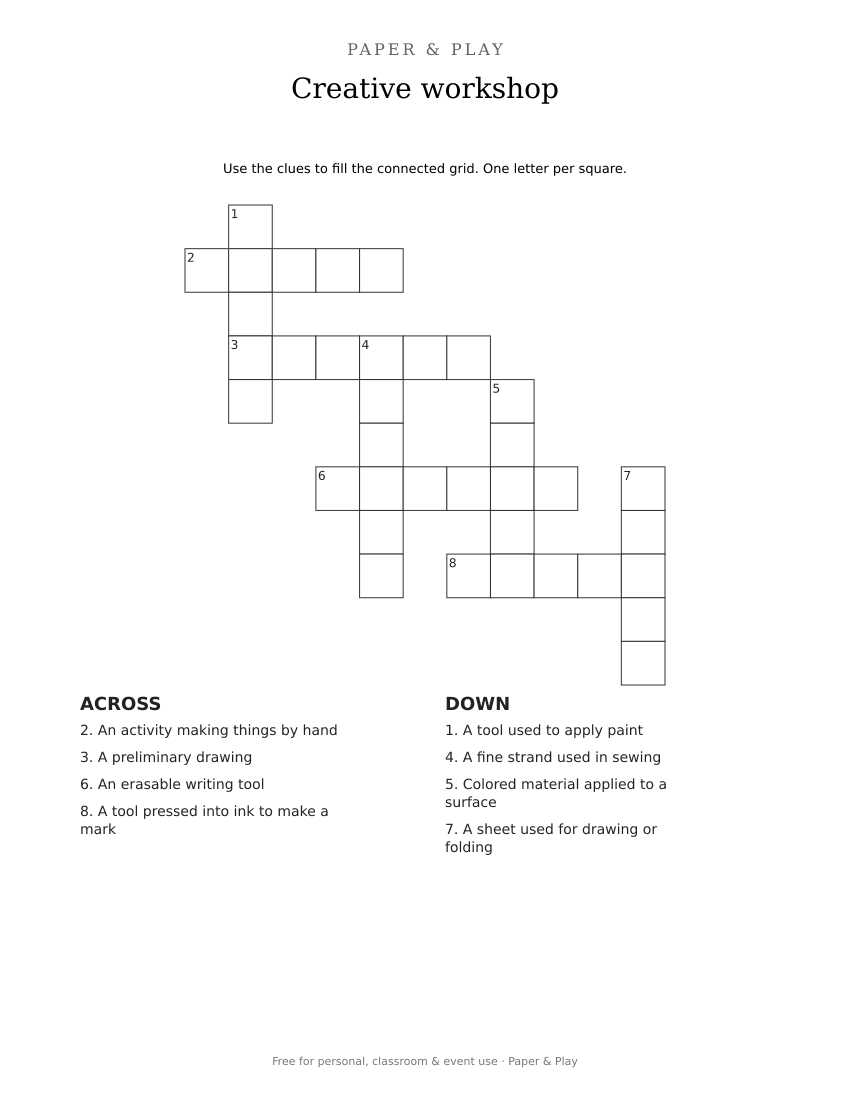 Creative workshop crossword printable preview