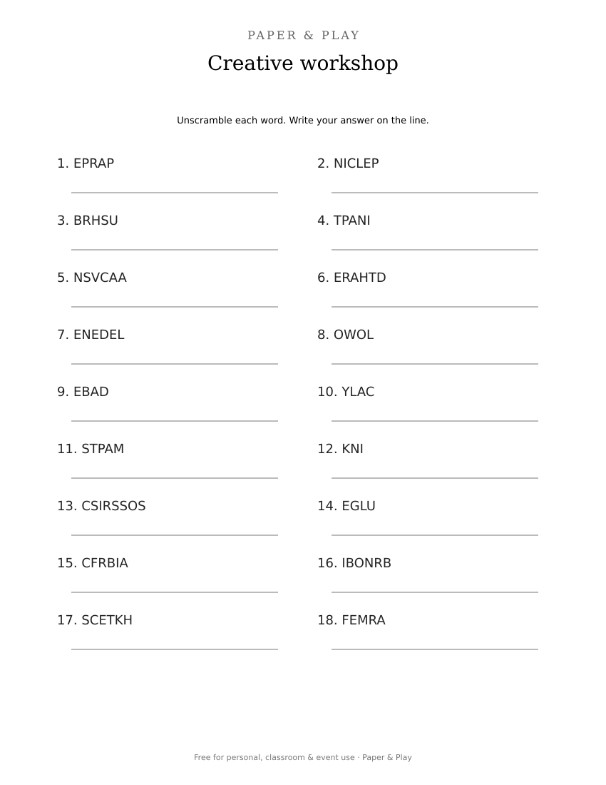 Creative workshop word scramble printable preview
