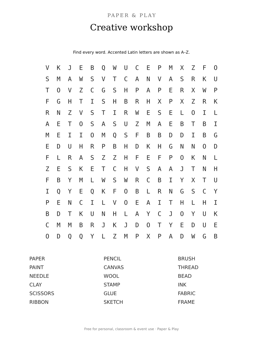 Creative workshop word search printable preview