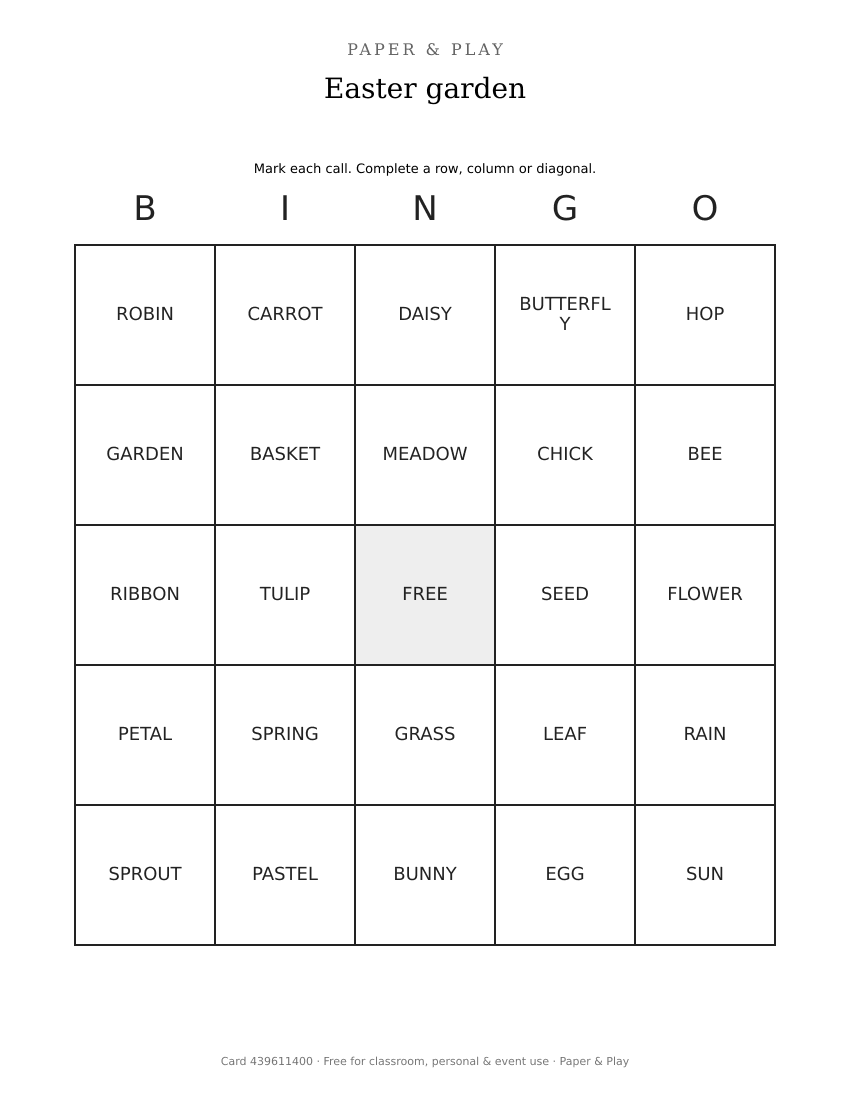 Easter garden bingo printable preview