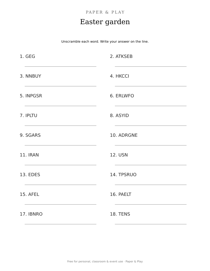 Easter garden word scramble printable preview