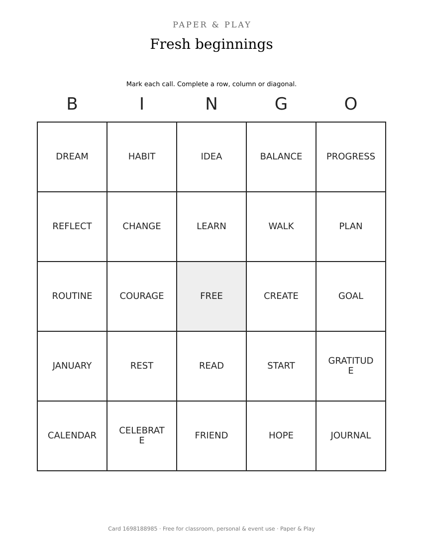Fresh beginnings bingo printable preview