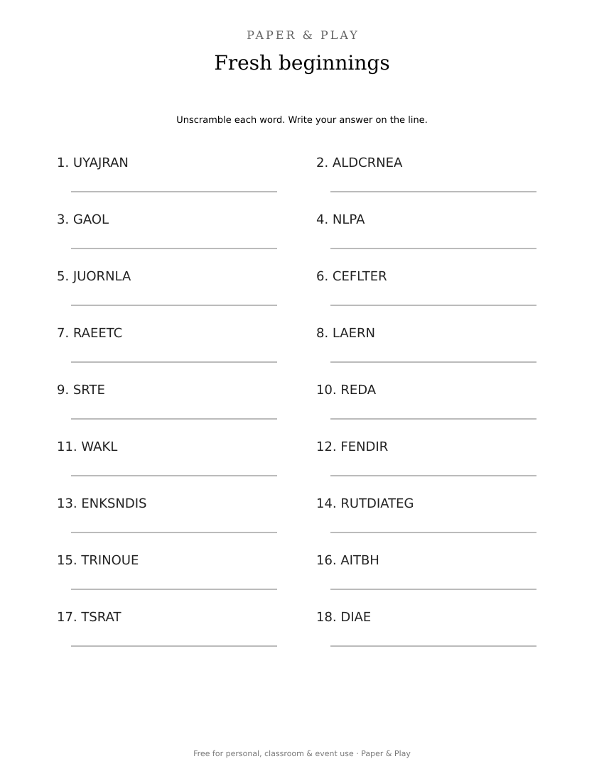 Fresh beginnings word scramble printable preview