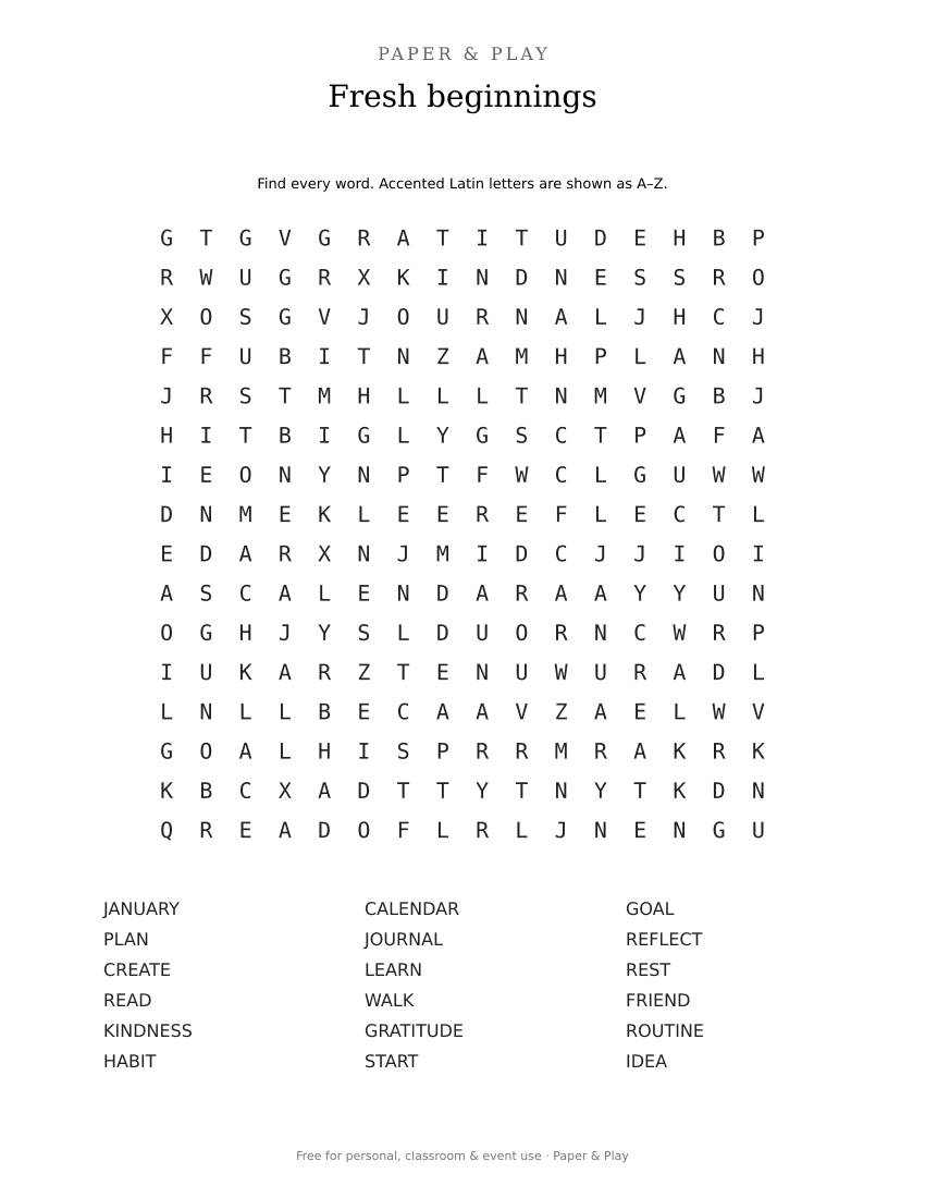Fresh beginnings word search printable preview