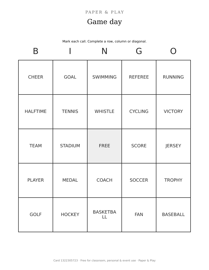 Game day bingo printable preview