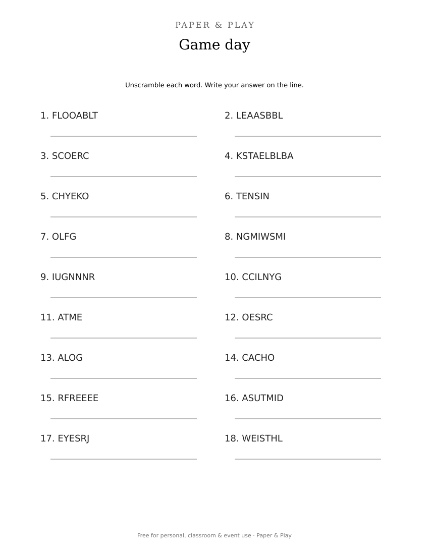 Game day word scramble printable preview