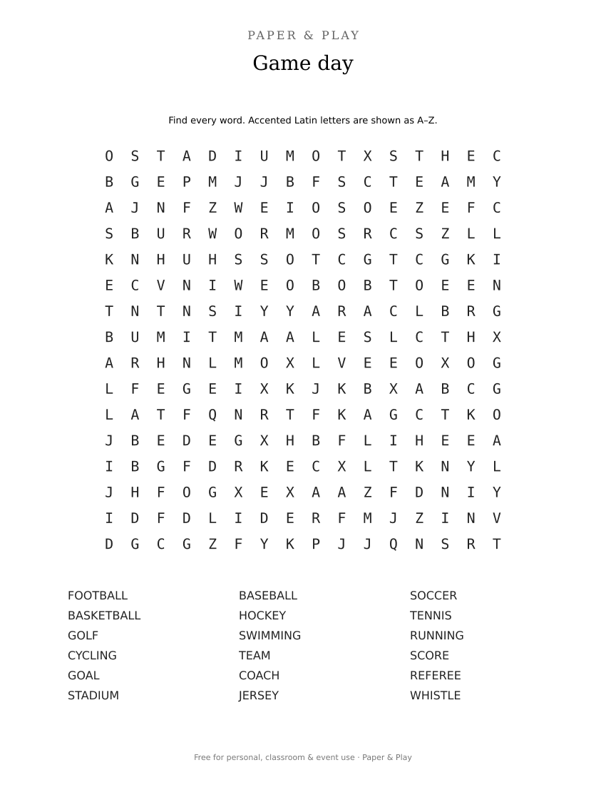 Game day word search printable preview