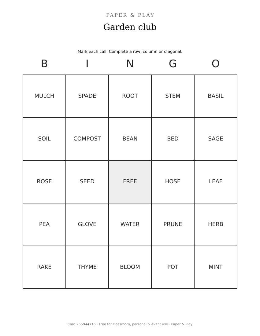 Garden club bingo printable preview