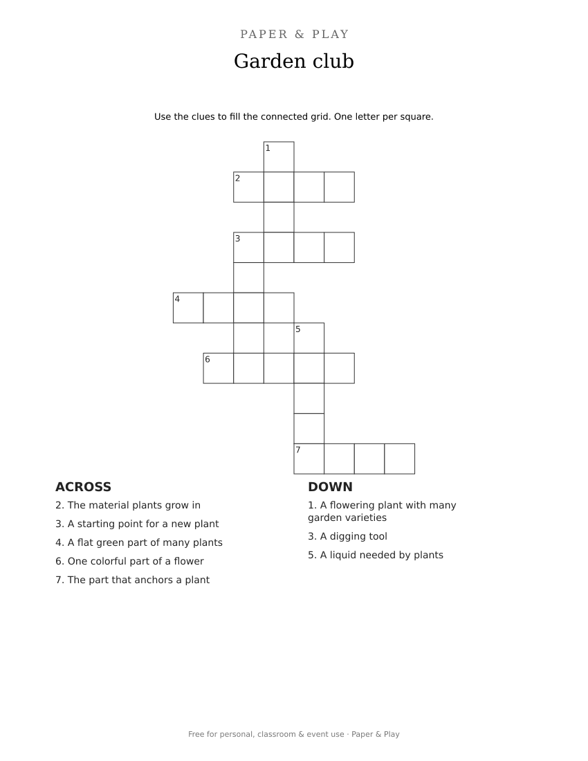 Garden club crossword printable preview