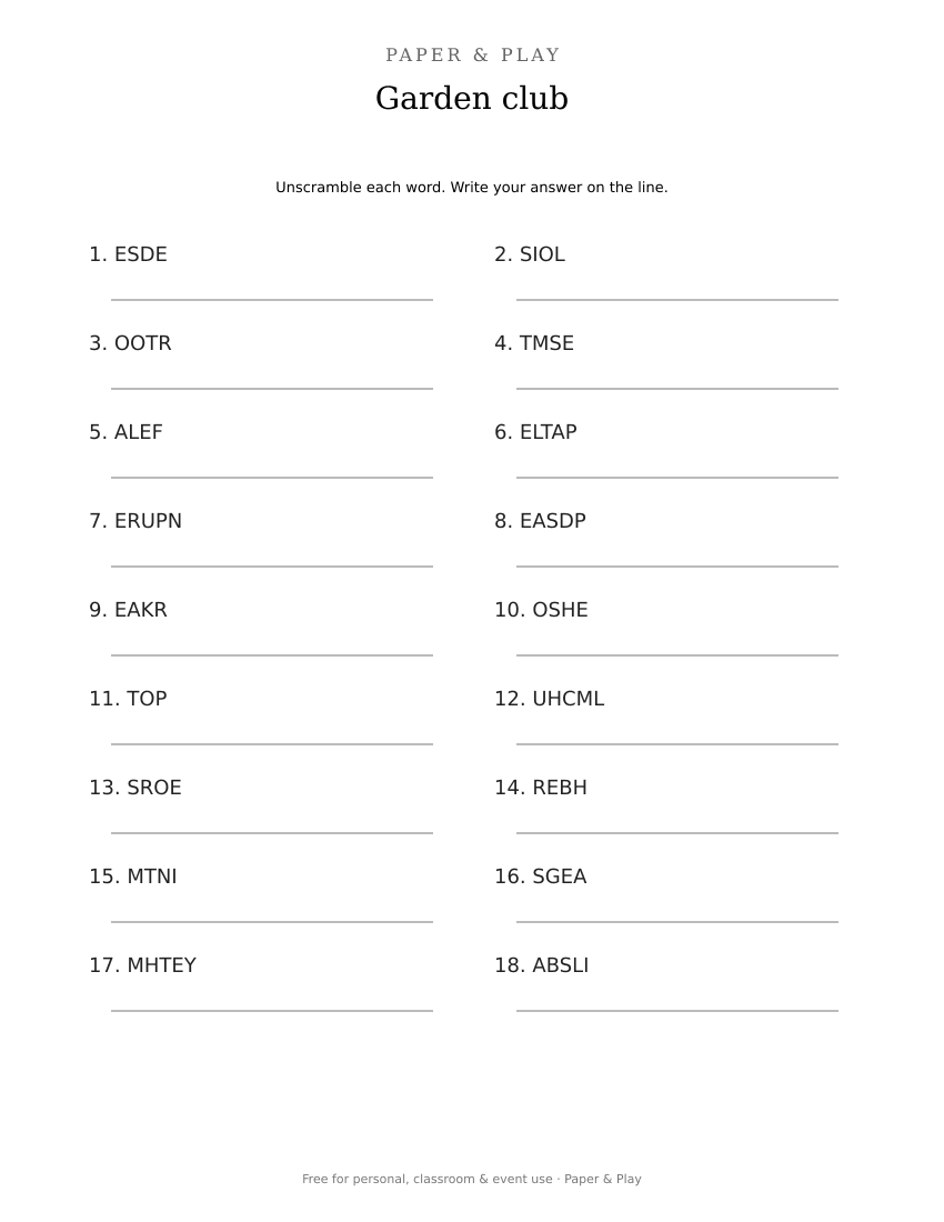 Garden club word scramble printable preview